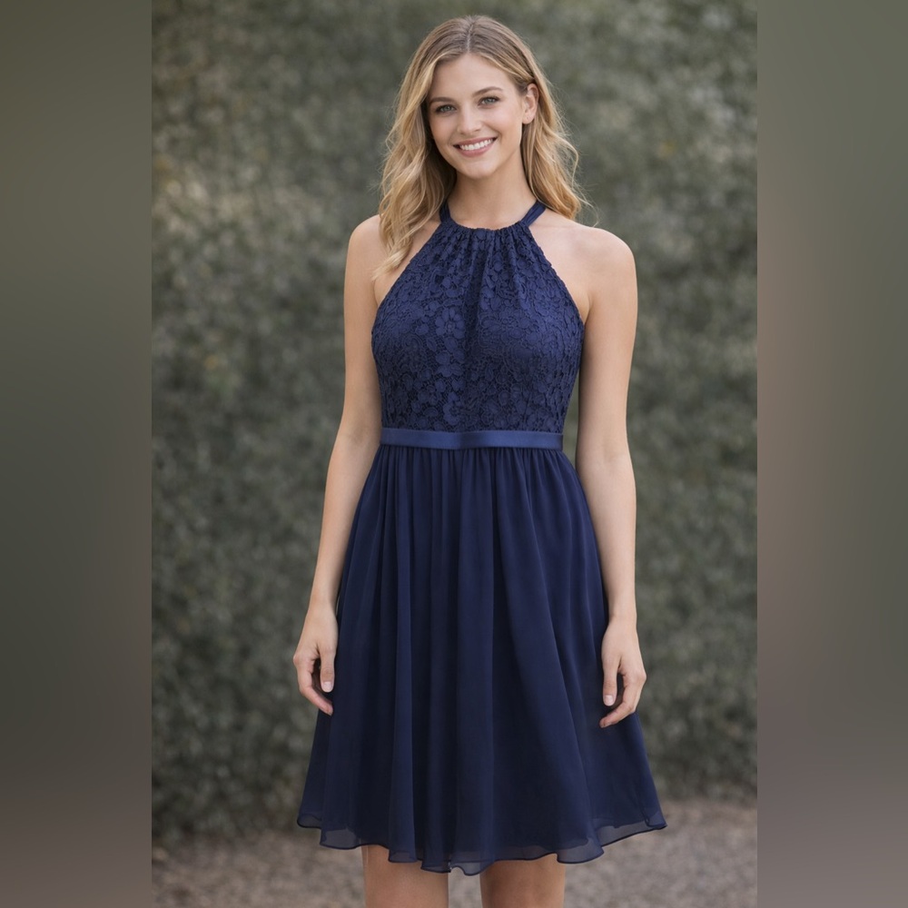 David’s Bridal Elegant Navy Lace Halter Dress Size 16